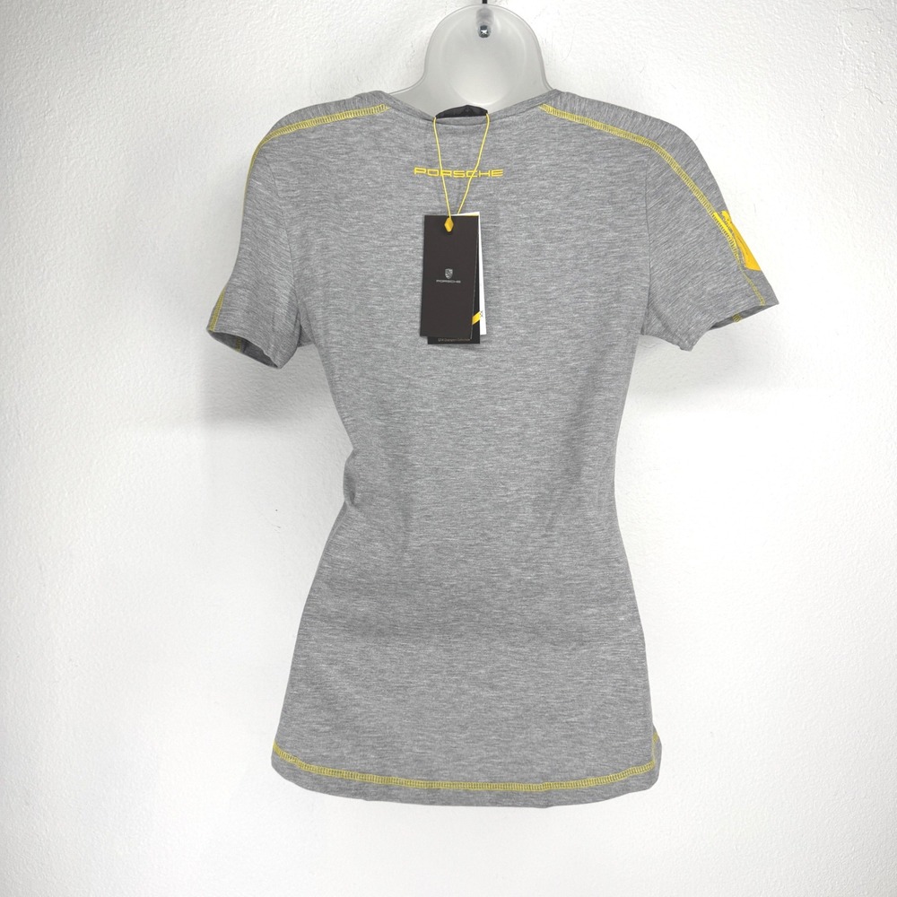 Porsche Womens GT4 Clubsport T-Shirt Gray Yellow Size XS Baby Tee Racing Car